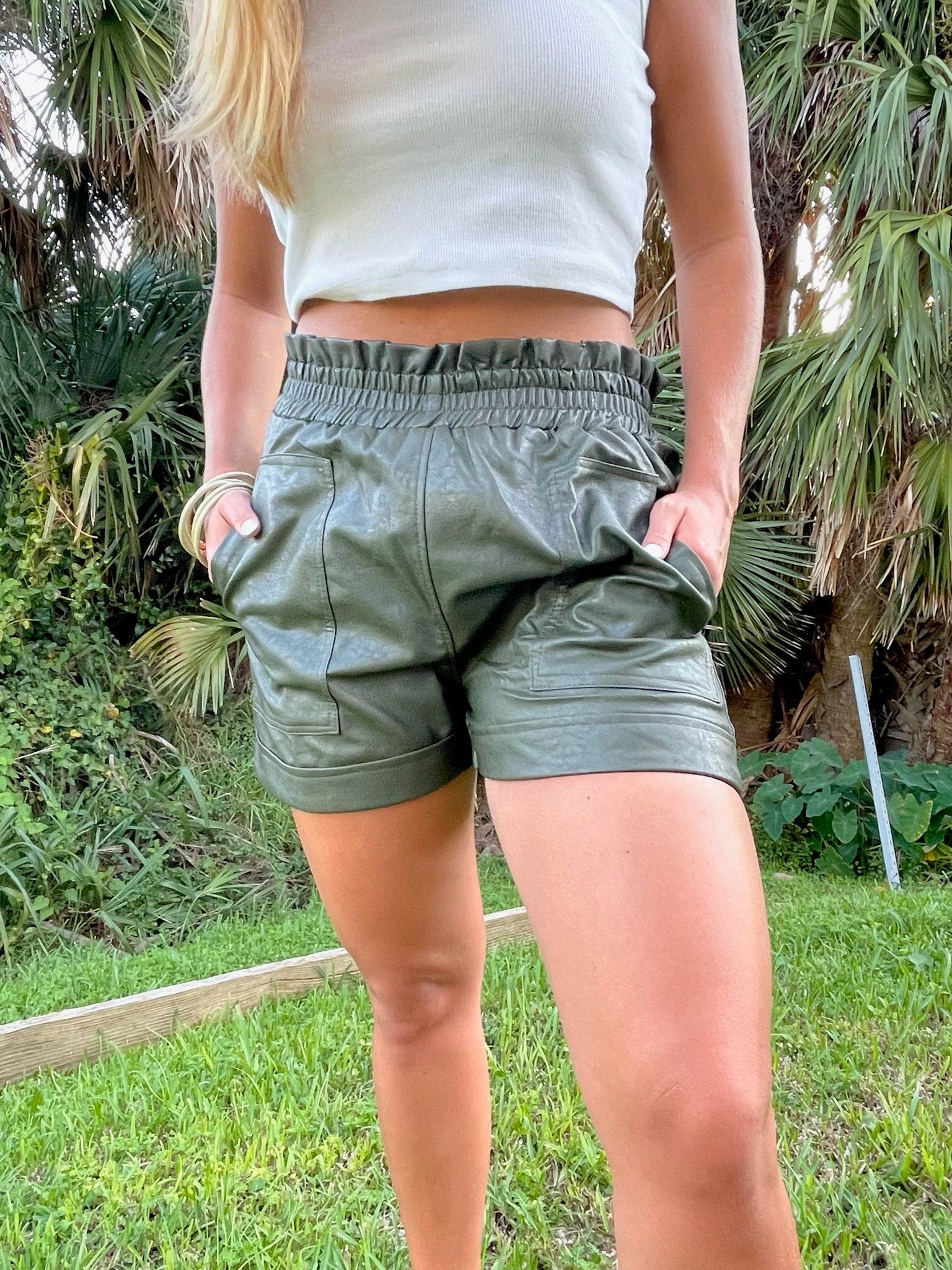 mean green REGAN machine faux leather shorts